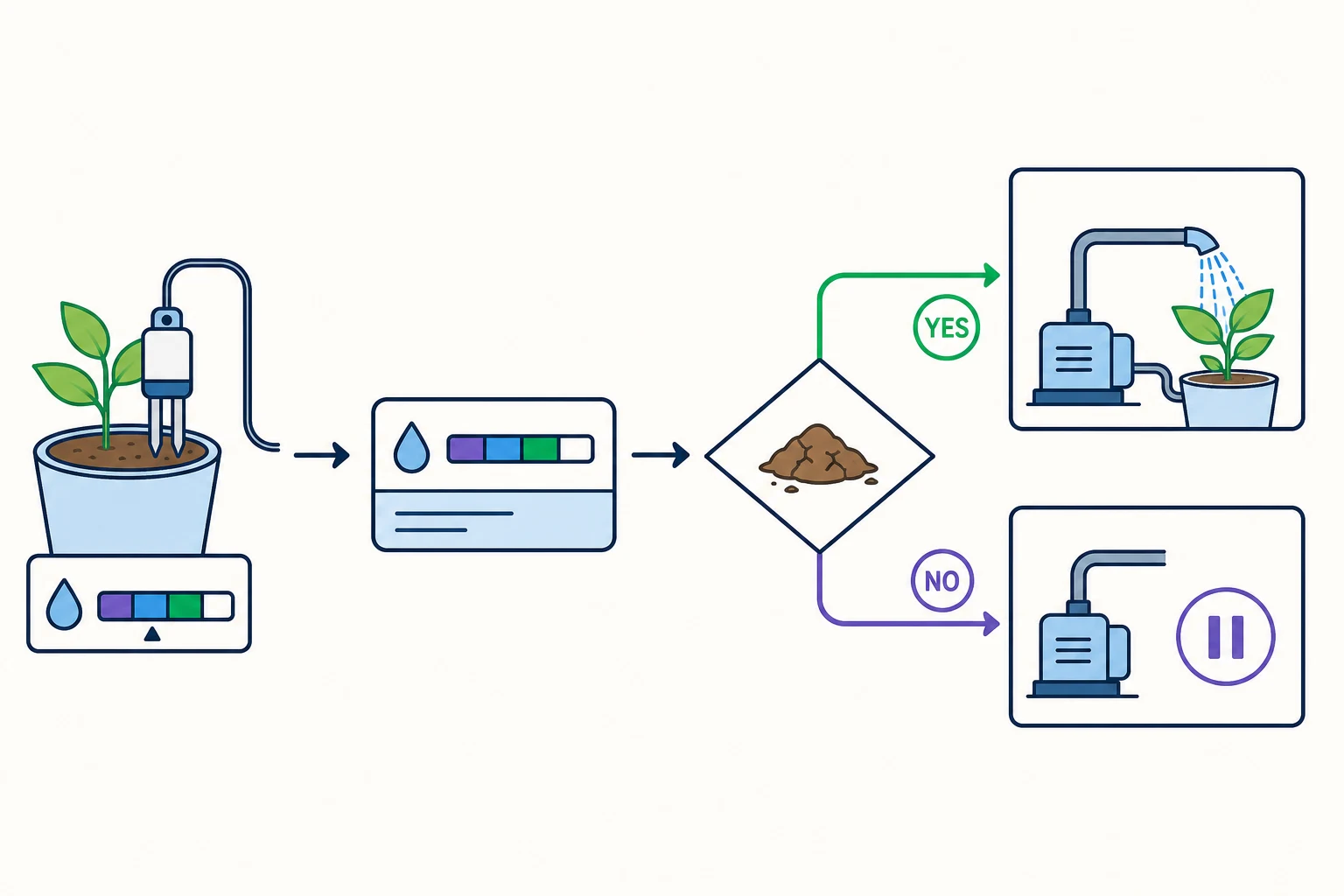 土壌センサーの値をPythonがmoistureへ記憶し、ifで乾燥を判断して必要なときだけ給水ポンプを動かす流れを示した教科書風イラスト