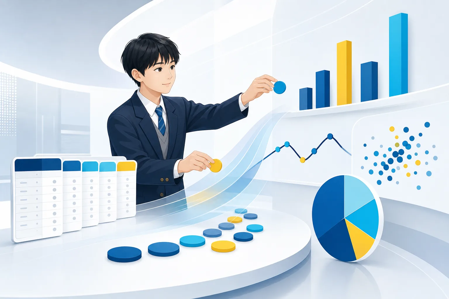 表に並んだデータが、目的に合った複数のグラフへ変換される様子を表した図