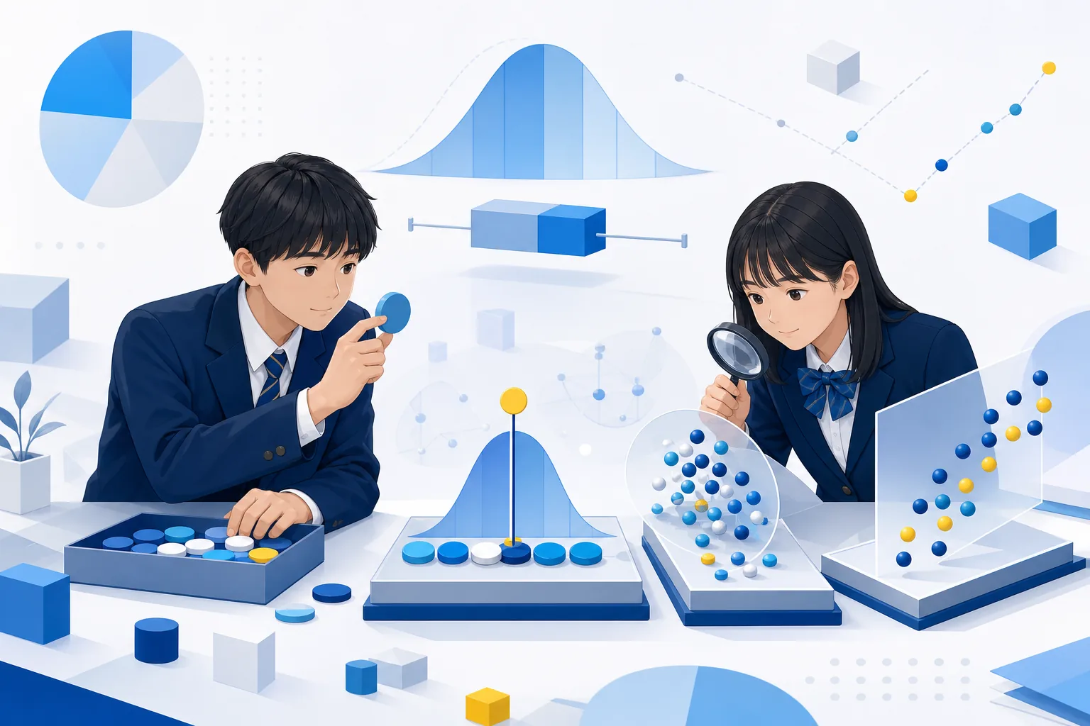 データの中心・ばらつき・関係を手掛かりとして調べる統計分析のイメージ